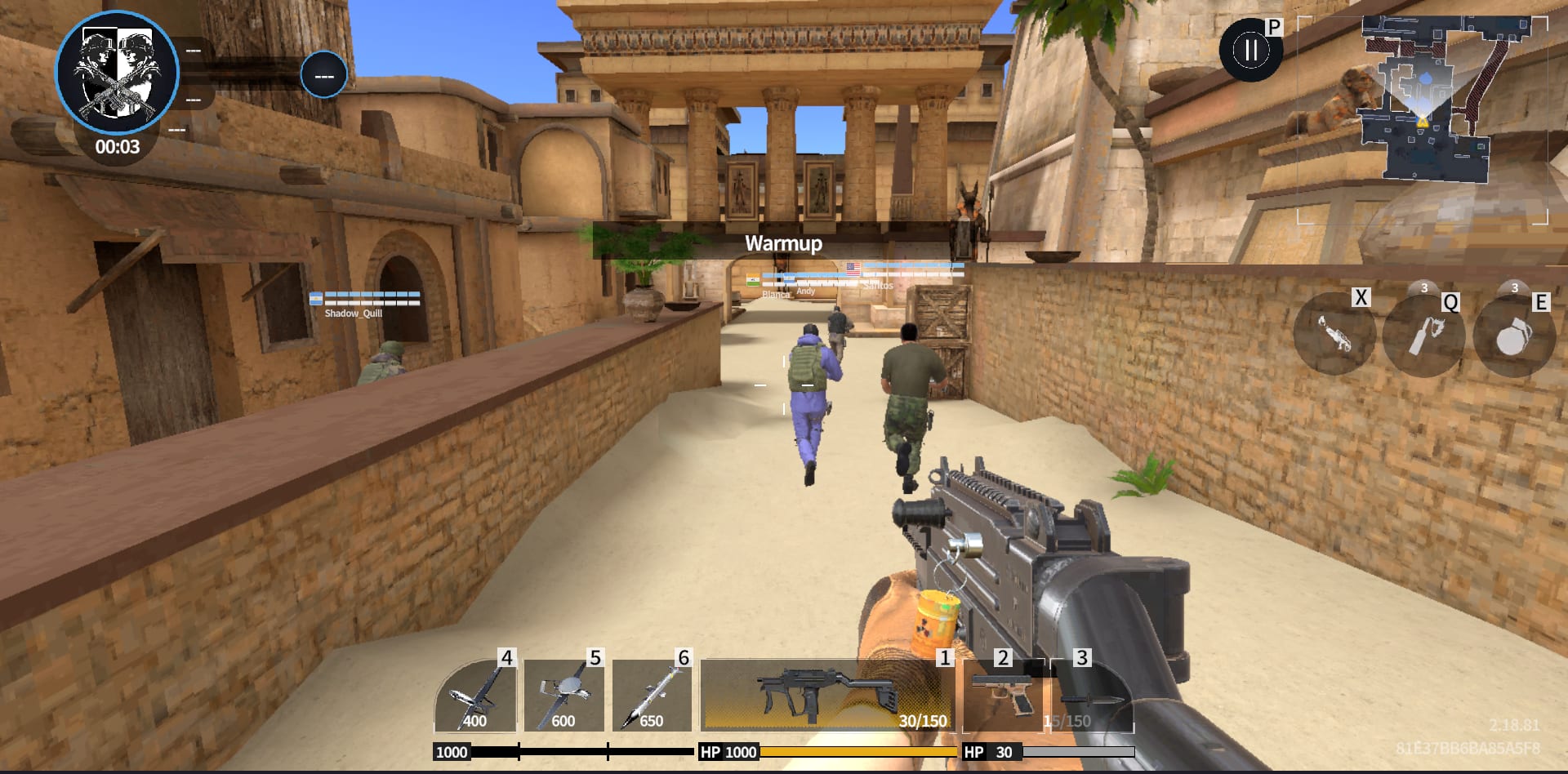 Hazmob FPS gameplay — the warm-up round on the desert map with the weapon wheel and minimap on screen