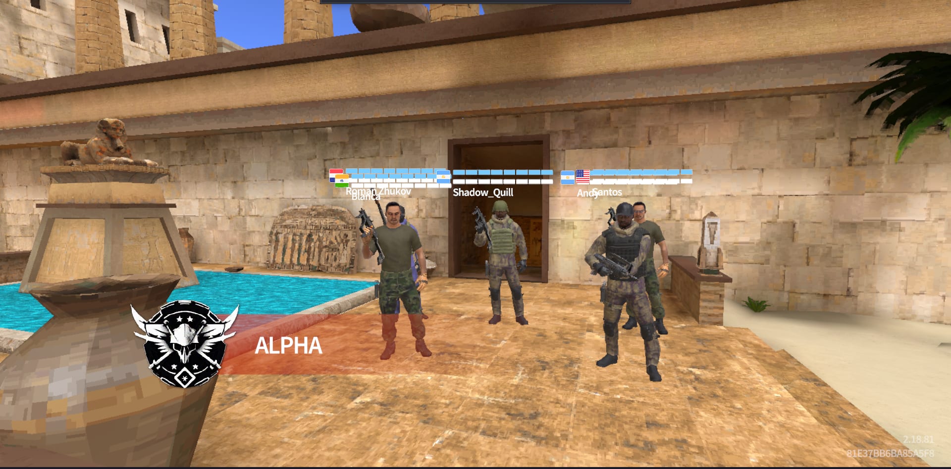 Hazmob FPS — the Alpha team gathered at spawn before the match starts