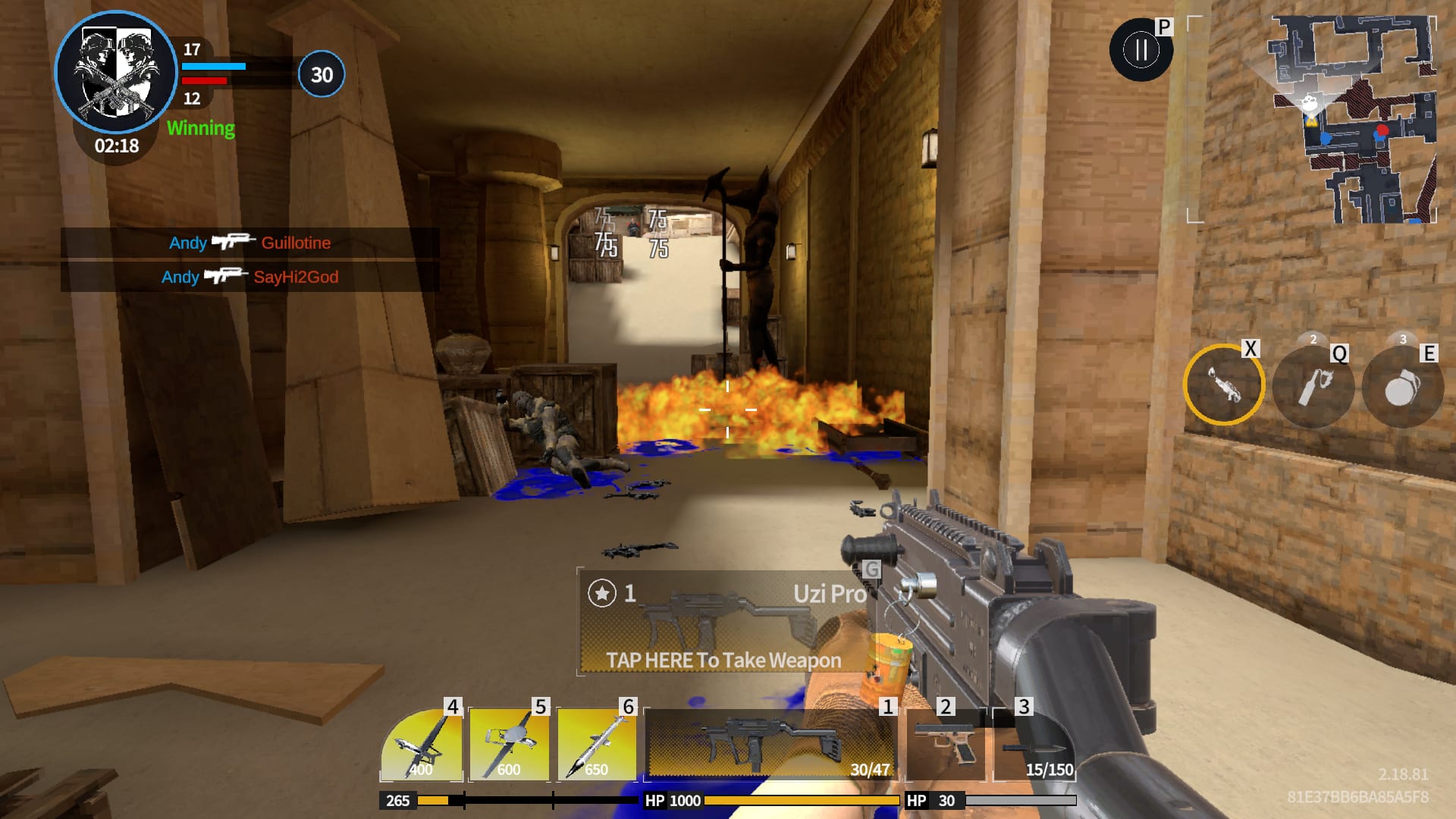 Hazmob FPS — a corridor firefight with an incendiary grenade burning the passage